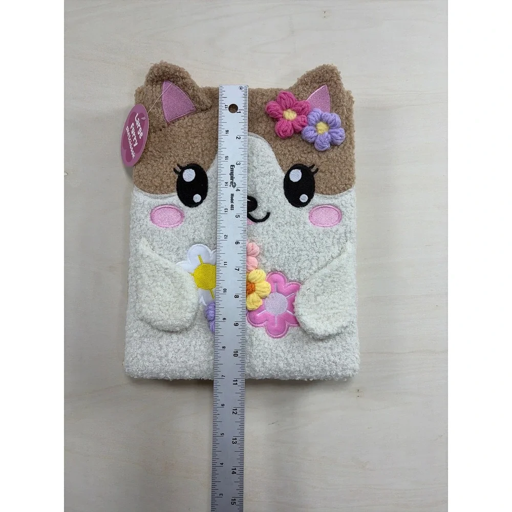 Large Furry Sketchbook Plush Cat Journal Fuzzy Notebook Tan White Floral NWT